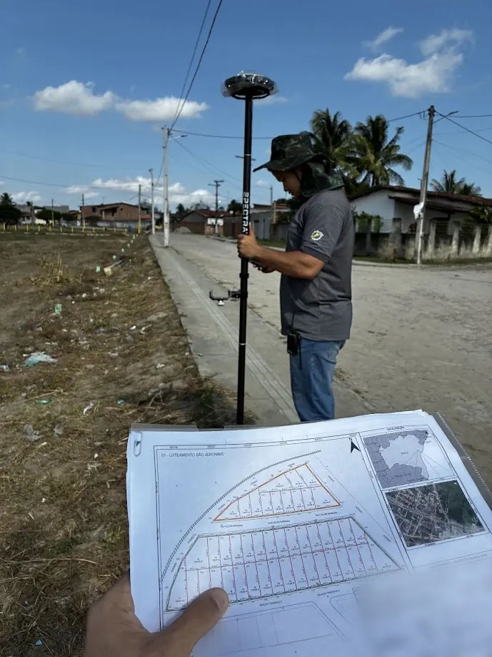 Planta impressa de um loteamento em primeiro plano; ao fundo, técnico com receptor GNSS na calçada de uma rua em área de expansão urbana