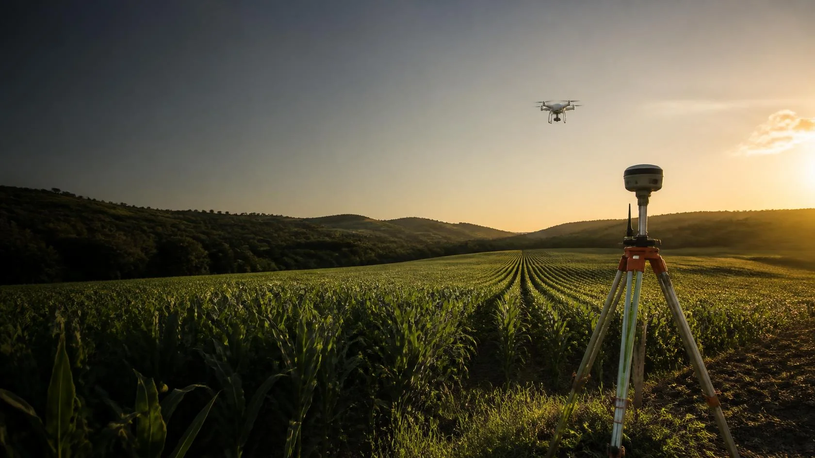 Imagem ilustrativa: receptor GNSS em tripé à beira de uma lavoura de milho ao pôr do sol, com um drone sobrevoando as fileiras